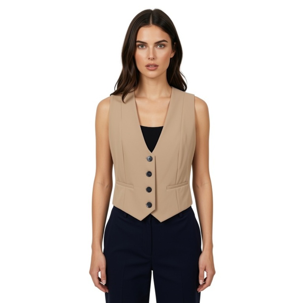 ZARA Womens Tailored Cropped Vest Camel Tan V-Neck Button Front Waistcoat Size S